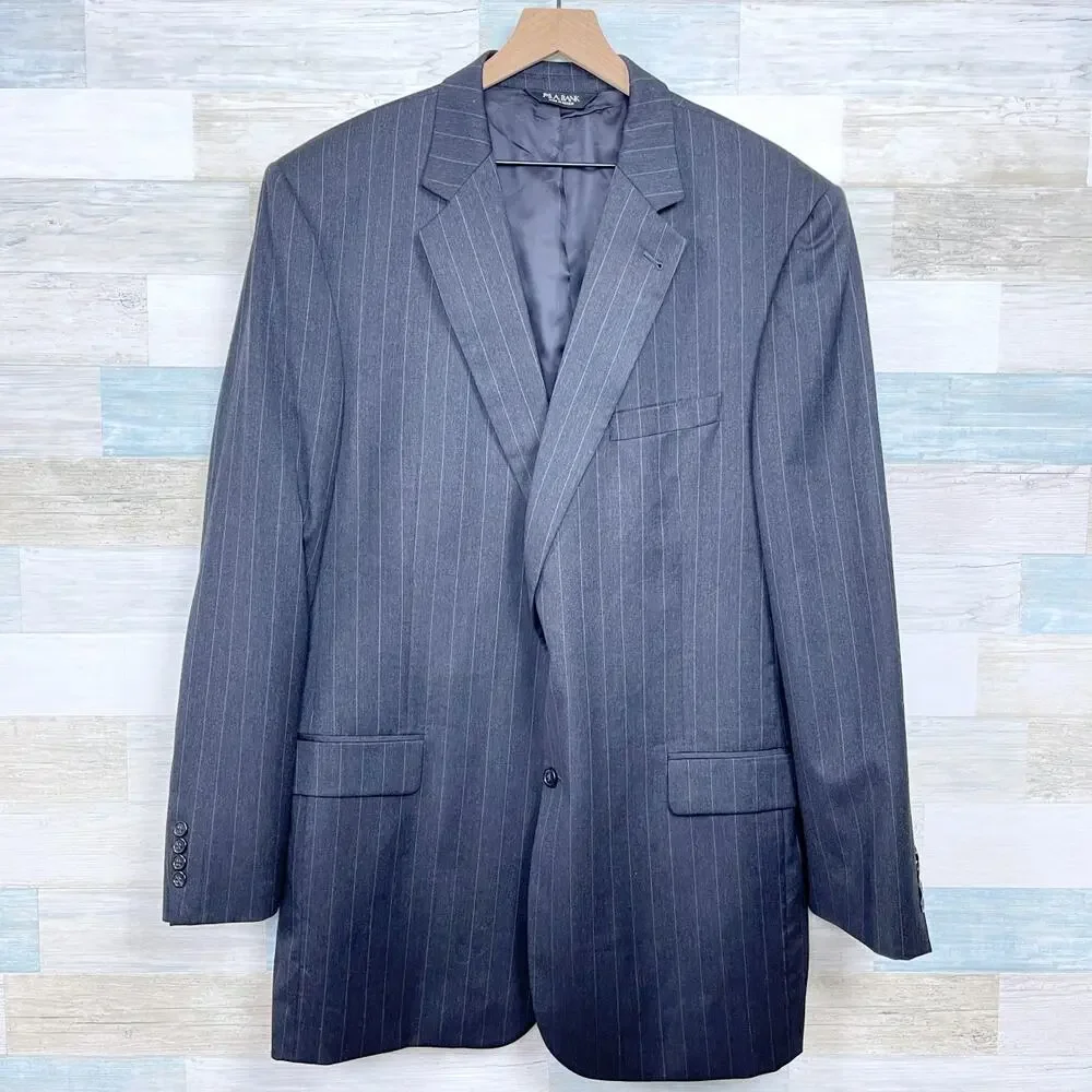Jos A Bank Wool Suit Gray Striped Mens 46 XL Jacket 40x32 Pleated Cuffed Pants